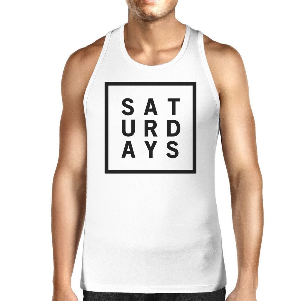 Saturdays Mens White  Sleeveless Tank Top Simple Typography Top
