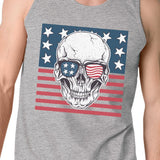 Skull American Flag Mens Grey Tank Top Crewneck Line Cotton Tee