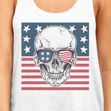 Skull American Flag Womens White Tank Top Crewneck Line Cotton Tee