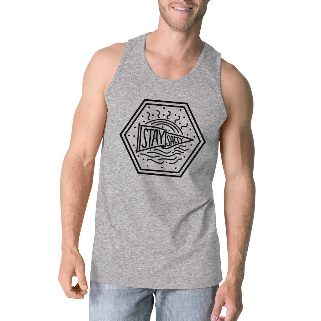 Stay Salty Mens Grey Sleeveless Shirt Round Neck Line Graphic Tanks