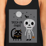 Trick-Or-Treat Skeleton Black Cat Womens Black Tank Top