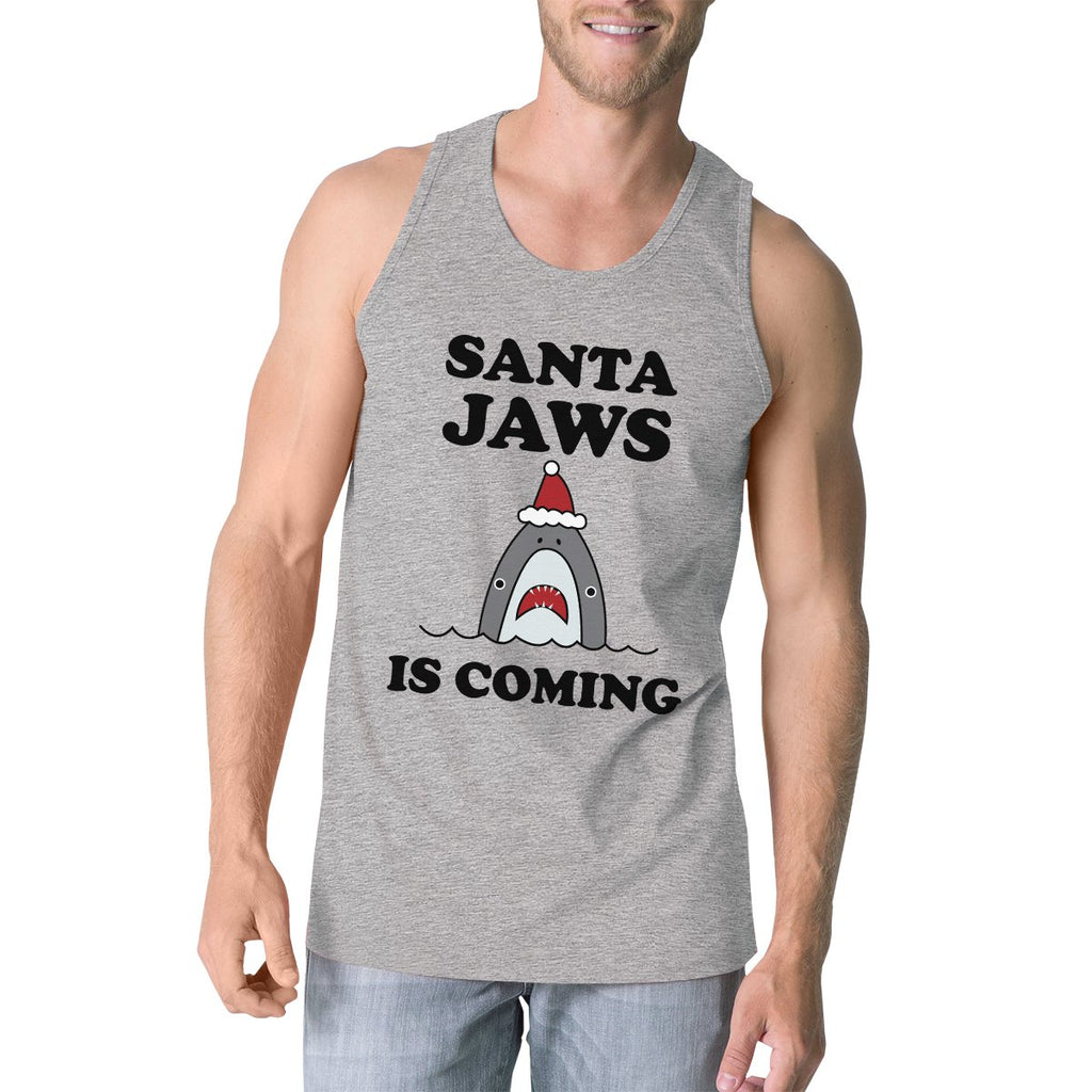 Santa Jaws Is Coming Mens Grey Tank Top