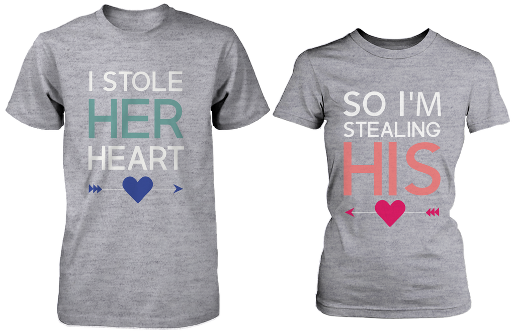 I Stole Her Heart, So I'm Stealing Heart Matching Couple Shirts in Grey (Set)